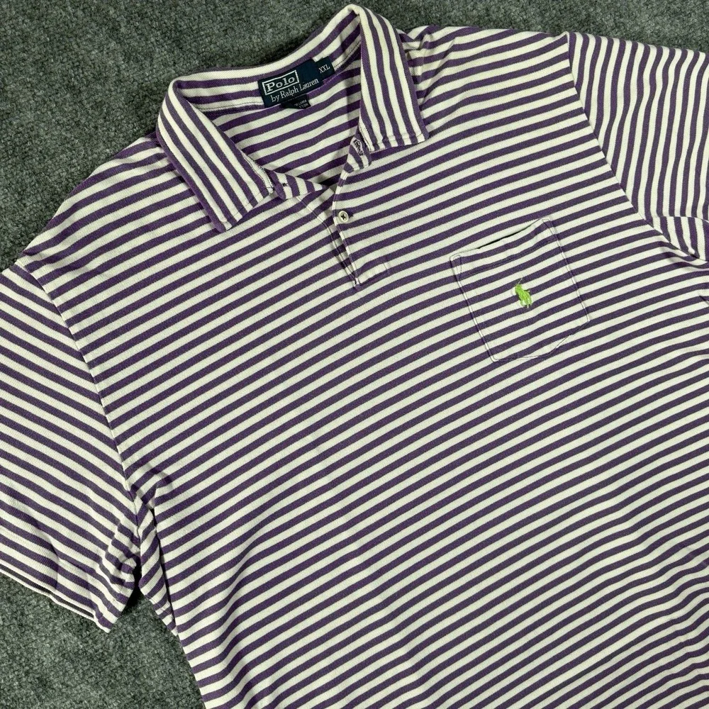 Polo Ralph Lauren Mens XXL Classic Fit Striped Polo Shirt Purple White Cotton